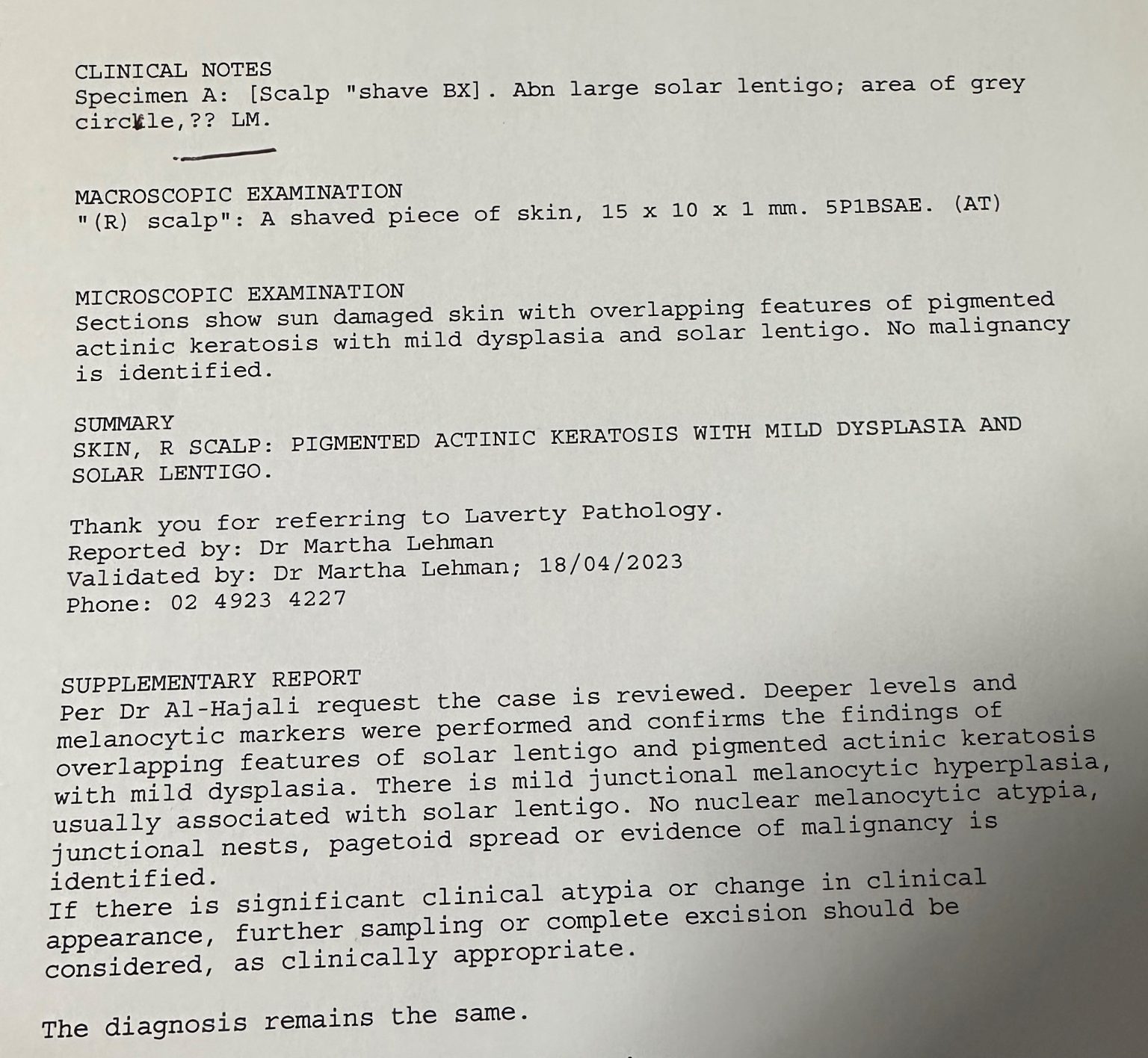 pathology report-scalp-lesion-15-May-2023